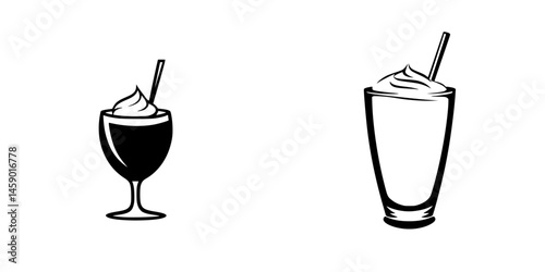 Stylized flat black icons of dessert beverages featuring whipped cream and straws in two different glass styles