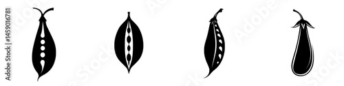 Vegetable icons representing different types of pods and fruits displayed in a minimalist flat black design