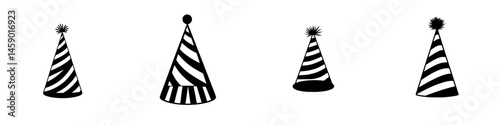 Flat black icons of party hats arranged in a row showcasing different designs for celebration themes
