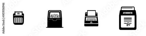 Flat black icons representing various office equipment including a calculator, shredder, printer, and data storage device