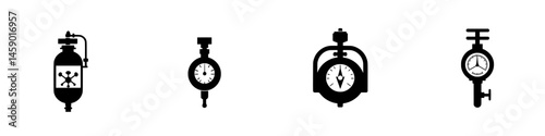 Collection of flat black icons representing pressure gauges and gas cylinders in a minimalist design