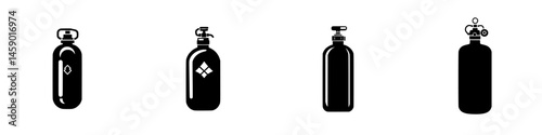 Flat black icons illustrating various types of gas cylinders with different nozzle designs and safety markings