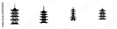 Various styles of flat black pagoda icons representing traditional Asian architecture in a minimalist design for modern applications