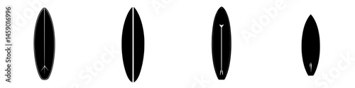 Flat black surfboard icons in various shapes representing different designs and styles for surfing activities