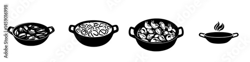 Collection of black icons representing various types of cooked seafood dishes in simple design