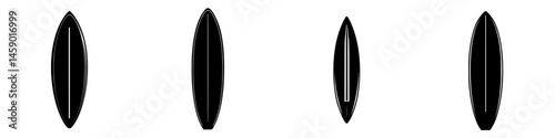Flat black surfboard icons displayed in various orientations suitable for design purposes and digital applications related to surfing