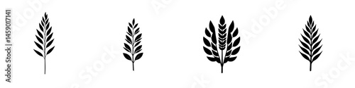Flat black icons representing various leaf designs arranged in a row for digital or print design applications