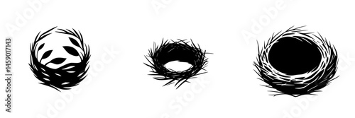 Collection of flat black icon representations of bird nests with varying designs and shapes