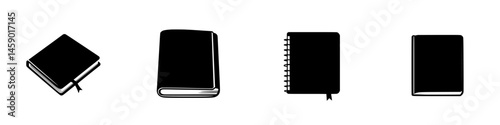 Variety of flat black icons depicting different types of notebooks and journals in a minimalist style
