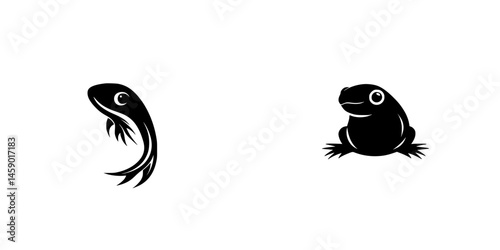 Black icon representing a fish and a frog, showcasing aquatic and amphibious life forms in a simple design
