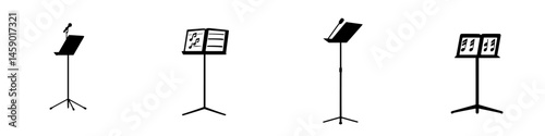 Flat black icons depicting different types of music stands and a microphone, suitable for music-related designs and projects