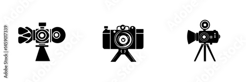 Flat black icons of different camera designs showcasing various styles and functions for visual storytelling