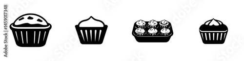 Collection of flat black cupcake icons featuring various designs and styles for digital use