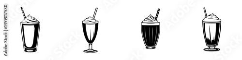Collection of flat black icons representing different types of milkshakes in various glass styles and shapes