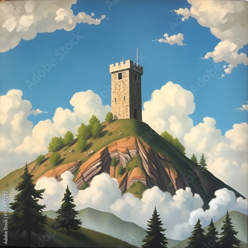A painting depicts a stone tower on a hill against a backdrop of trees and clouds in the foreground and background, respectively