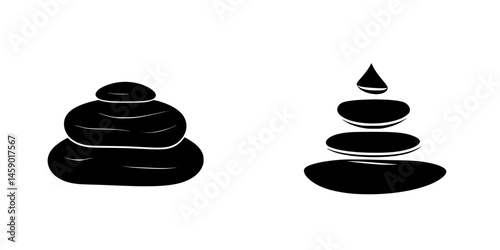 Flat black icon depicting stacked stones and a water droplet on a minimalistic background for wellness and tranquility themes