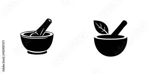 Flat black icons of a mortar and pestle depicting traditional and herbal preparation methods in kitchen and pharmacy contexts