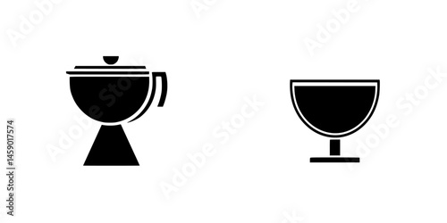 Black flat icons of a cooking pot and a bowl representing kitchen utensils for culinary activities