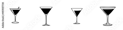 Stylish black icons representing various cocktail glasses designed for modern bar menus and beverage presentations