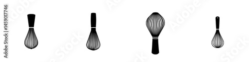 Flat black icon set of whisks in various shapes for kitchen and cooking use in design and decoration