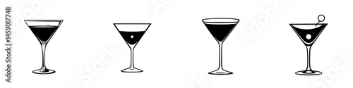 Collection of flat black cocktail icons representing various drink styles and presentations in a minimalist design