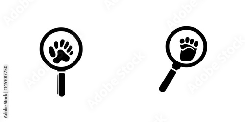 Flat black icons depicting animal paw prints within magnifying glasses on a plain background