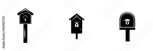 Unique collection of flat black icons depicting birdhouses with locks on posts for security and design ideas