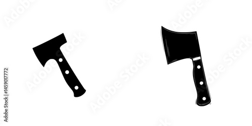 Two flat black icons representing a hatchet and a cleaver suitable for culinary and outdoor activities