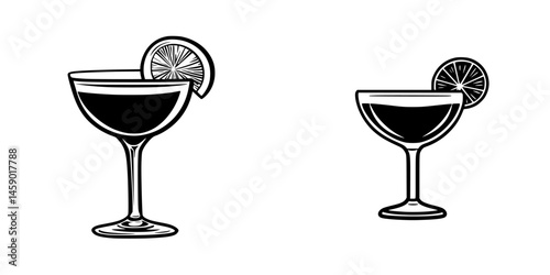Flat black cocktail glass icons showcasing stylish drink designs for bar menus or cocktail recipes