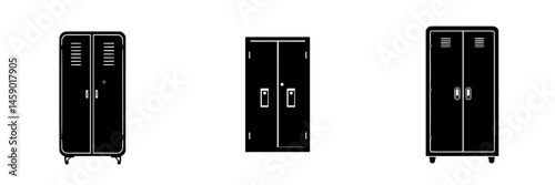 Flat black icons representing various styles of storage lockers for use in design and illustration
