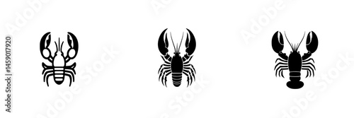 Flat black lobster icons depicting different styles and positions for culinary or graphic design purposes