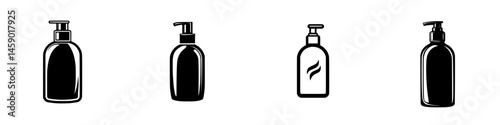 Flat black icon of various cosmetic and personal care bottles displayed in a simple, minimalist style