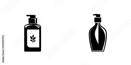 Black icons depicting two different styles of cosmetic bottles for personal care products suitable for various uses and preferences