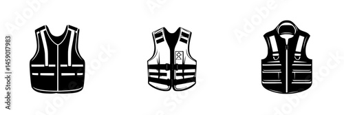 Flat black icon set of three varying types of vests, useful for depicting safety gear in various contexts