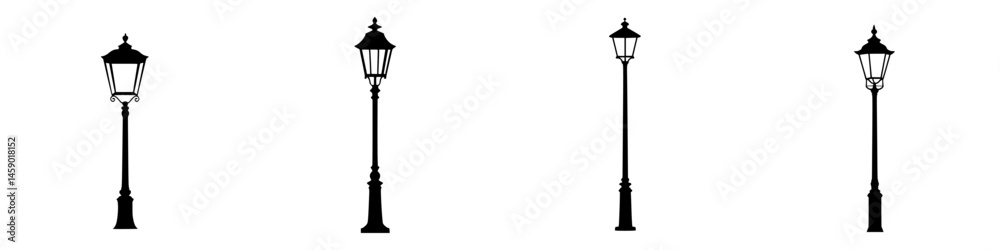 Obraz premium Flat black icons of vintage street lamps in various styles arranged in a row for design and signage purposes