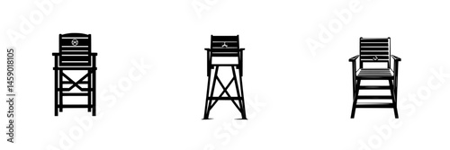 Beach lifeguard chair icons in flat black design showing three different styles and perspectives