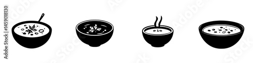 Stylized flat black icons depicting various bowls of soup with differing designs for culinary representation