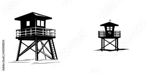 Duo of flat black lifeguard towers standing on a beach under clear skies showcasing coastal safety and summer fun