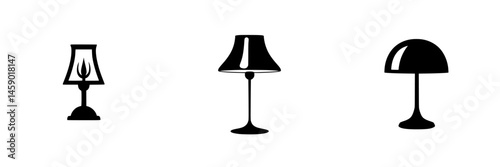 Flat black icons of various lamp designs showcasing different styles and shapes for lighting in modern interiors