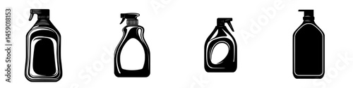 Black icon set of various spray bottles in flat design, illustrating cleaning products and containers for household use