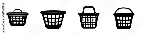 Black icon collection of various laundry baskets depicting different styles and shapes suitable for household use