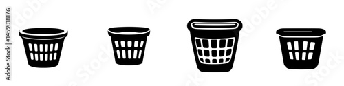 Collection of flat black icons depicting various styles of laundry baskets for design and illustration purposes