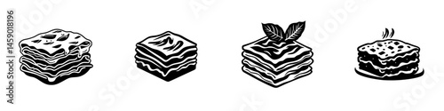 Delicious flat black icons of layered dishes showcasing various styles of lasagna and pasta preparations