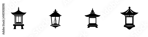 Flat black icons of traditional lanterns and pavilions showcasing Asian architectural style and design elements