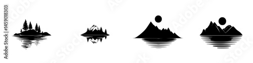 Flat black icons depicting various mountain and island landscapes at sunset with reflections on water
