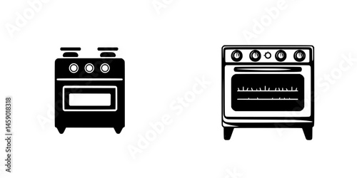 Black cooking appliances featuring a flat black oven with stovetop and an outlined modern range with oven and controls designed for kitchen use