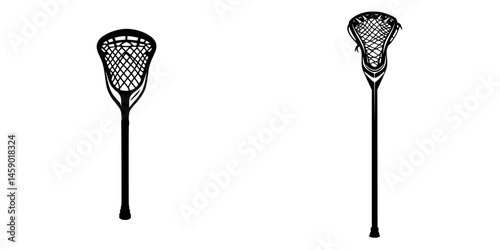 Flat black icon of a lacrosse stick and head showcasing its design and structure for sports and recreation themes