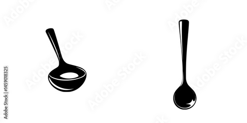 Black icons of a ladle and a spoon representing kitchen utensils for cooking and serving food in a simple design