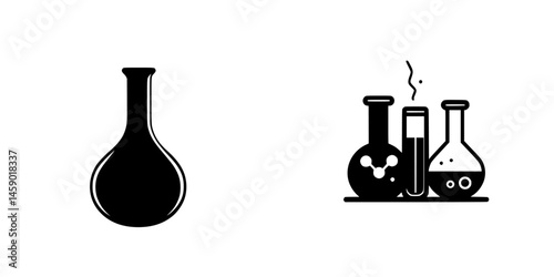Conceptual representation of chemistry symbols depicting laboratory glassware and scientific tools for experiments
