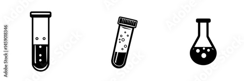 Set of flat black icons depicting test tubes and a flask, commonly used in laboratories for scientific experiments and chemical analysis